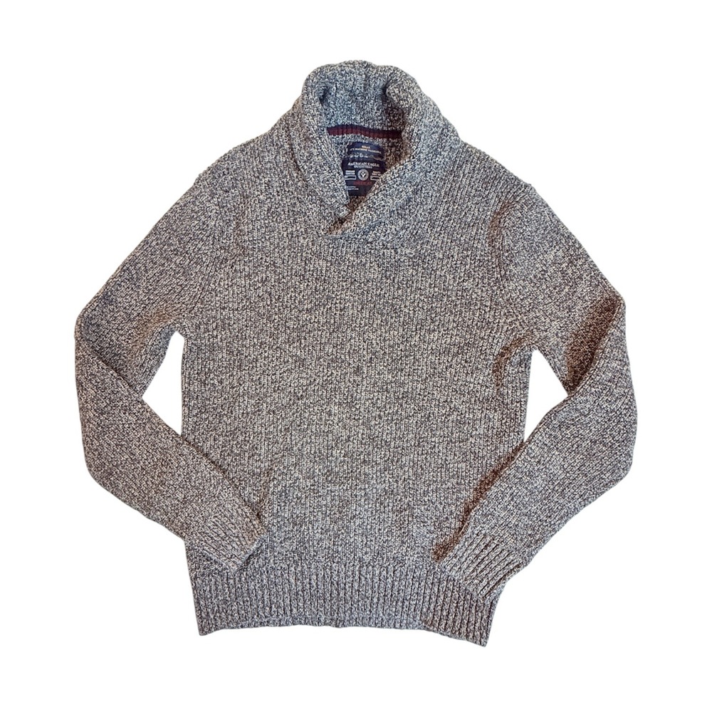 American Eagle Shawl Neck Sweater Mens M Gray Brown Athletic Fit Wool Blend